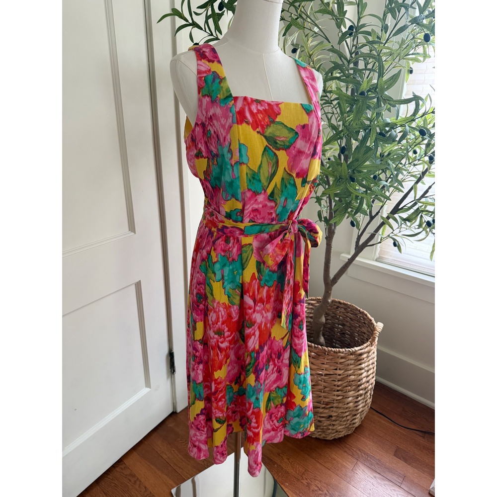 London Times Floral Linen Blend Midi Dress Yellow Pink Square Neck NWT‎ Size 12